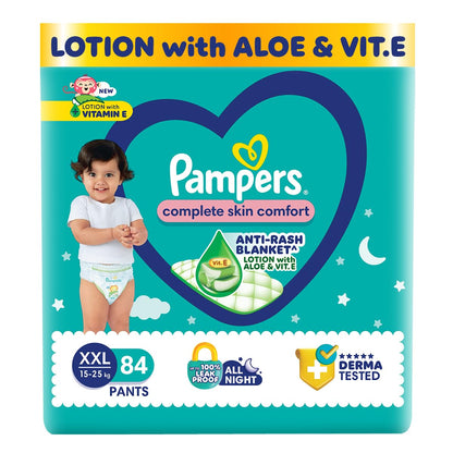 Pampers Complete Skin Comfort Pants, (XL) 56 Count, Anti-rash blanket, Lotion with Vitamin E & Aloe Vera, Extra Large size baby diapers, 12-17kg
