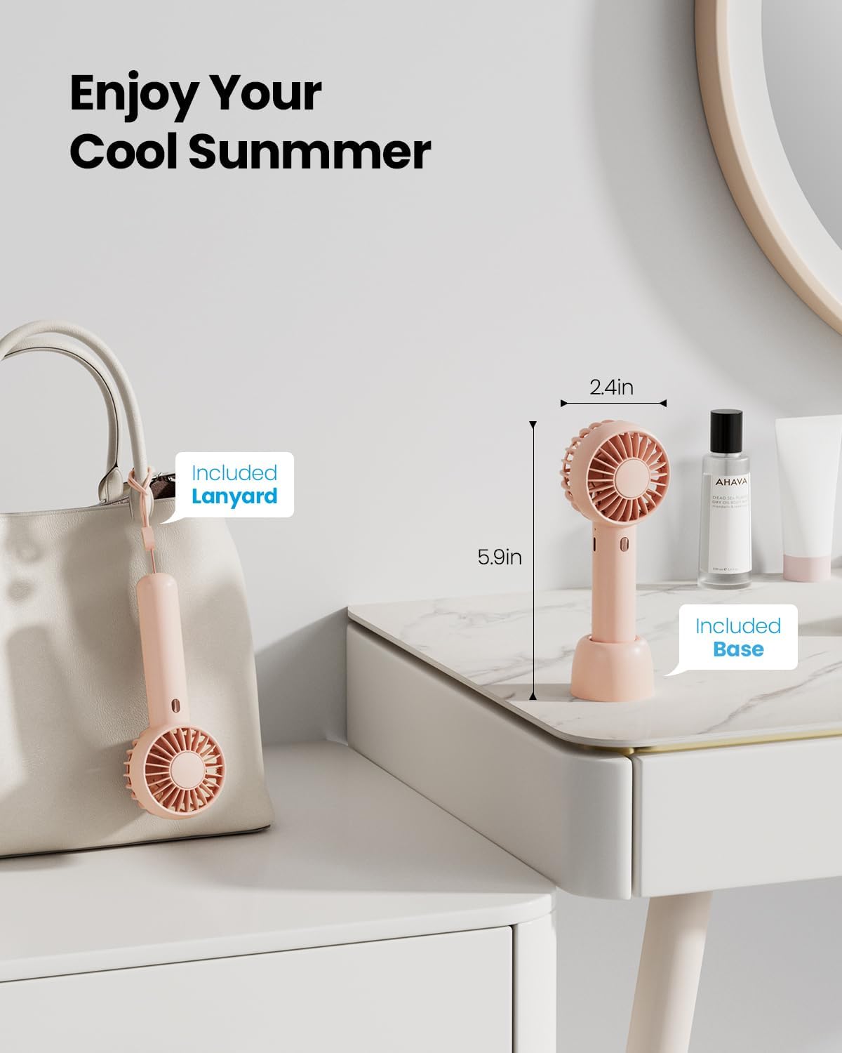 Gaiatop Mini Portable Fan, Powerful Hand Fan Cute Design 3 Speed Personal Small Desk Fan With Base, Lightweight Rechargeable Usb Handheld Fan For Girl, Women, Men, Indoor, Outdoor, 15 Cm, Pink