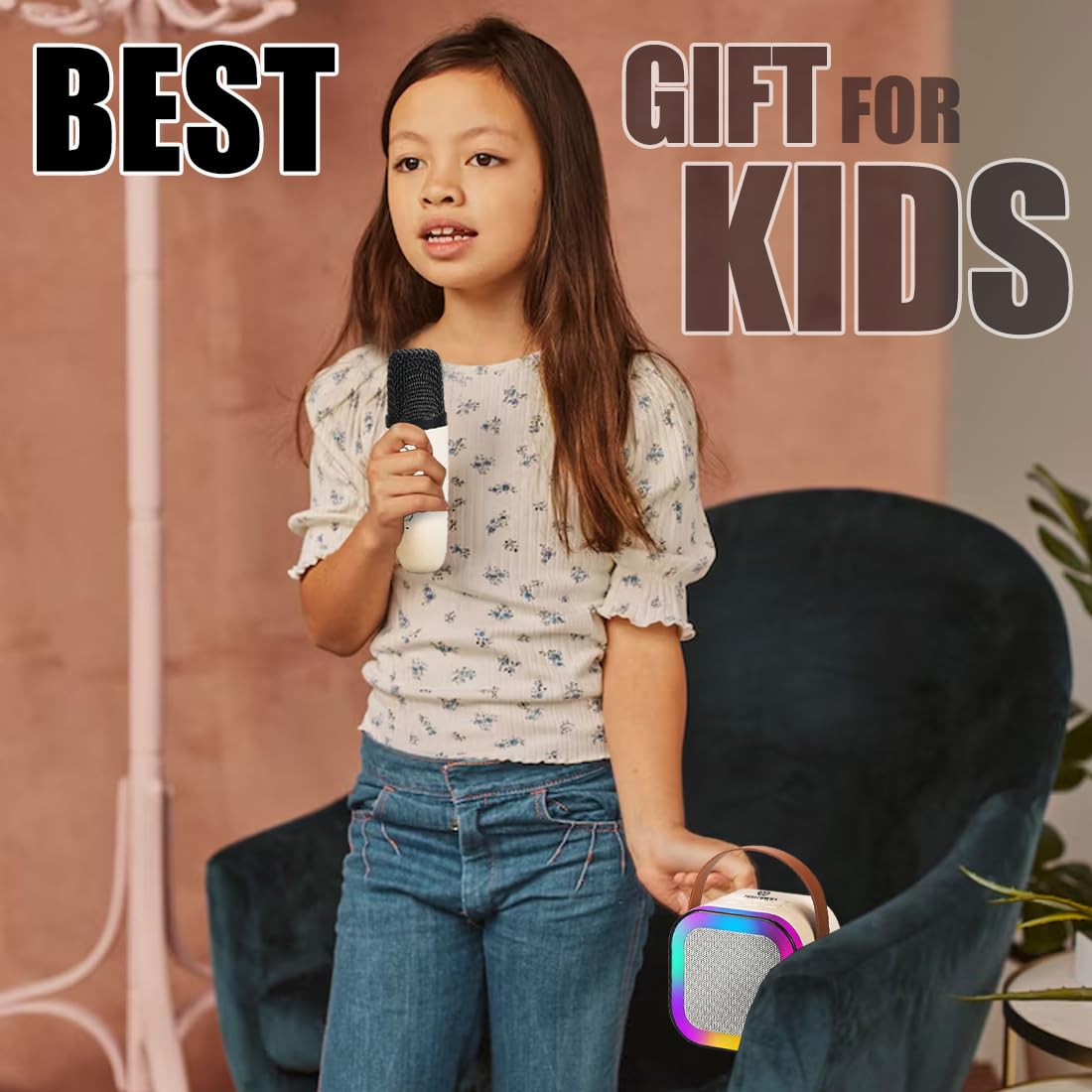 Wembley Rechargeable Karaoke Mic with Speaker for Singing | Wireless Mini Portable Bluetooth Speaker with Microphone & LED Lights | Cute Birthday Gift for Kids Musical Toys for Boys, Girls and Adults