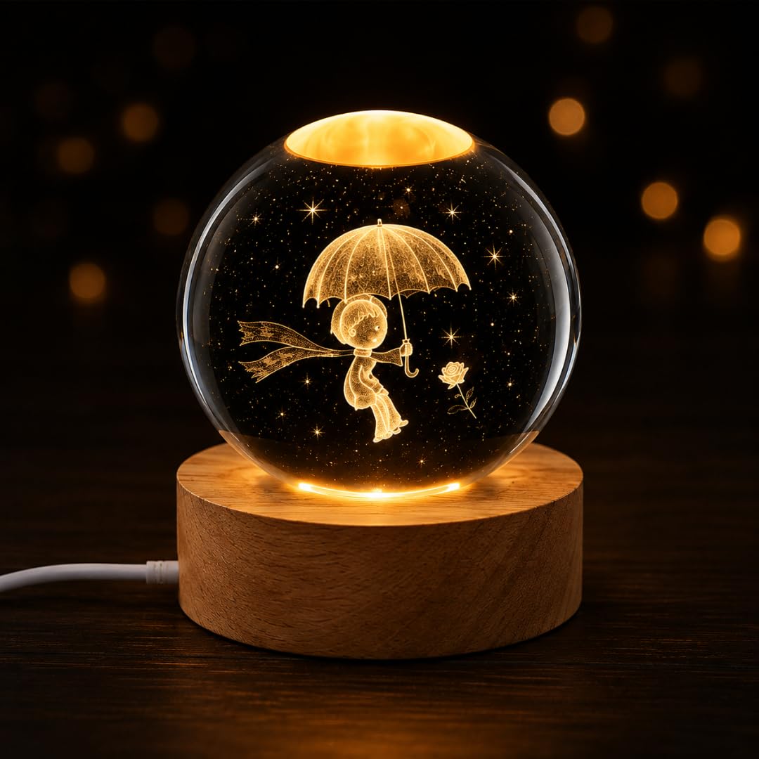 Desidiya Universe Crystal Ball Night Light,2.4 Inch Glass Ball Night LED Lamp with Woodern Base,Decorations Gifts for Men,Women,Kids,Boys,Girls,Teens