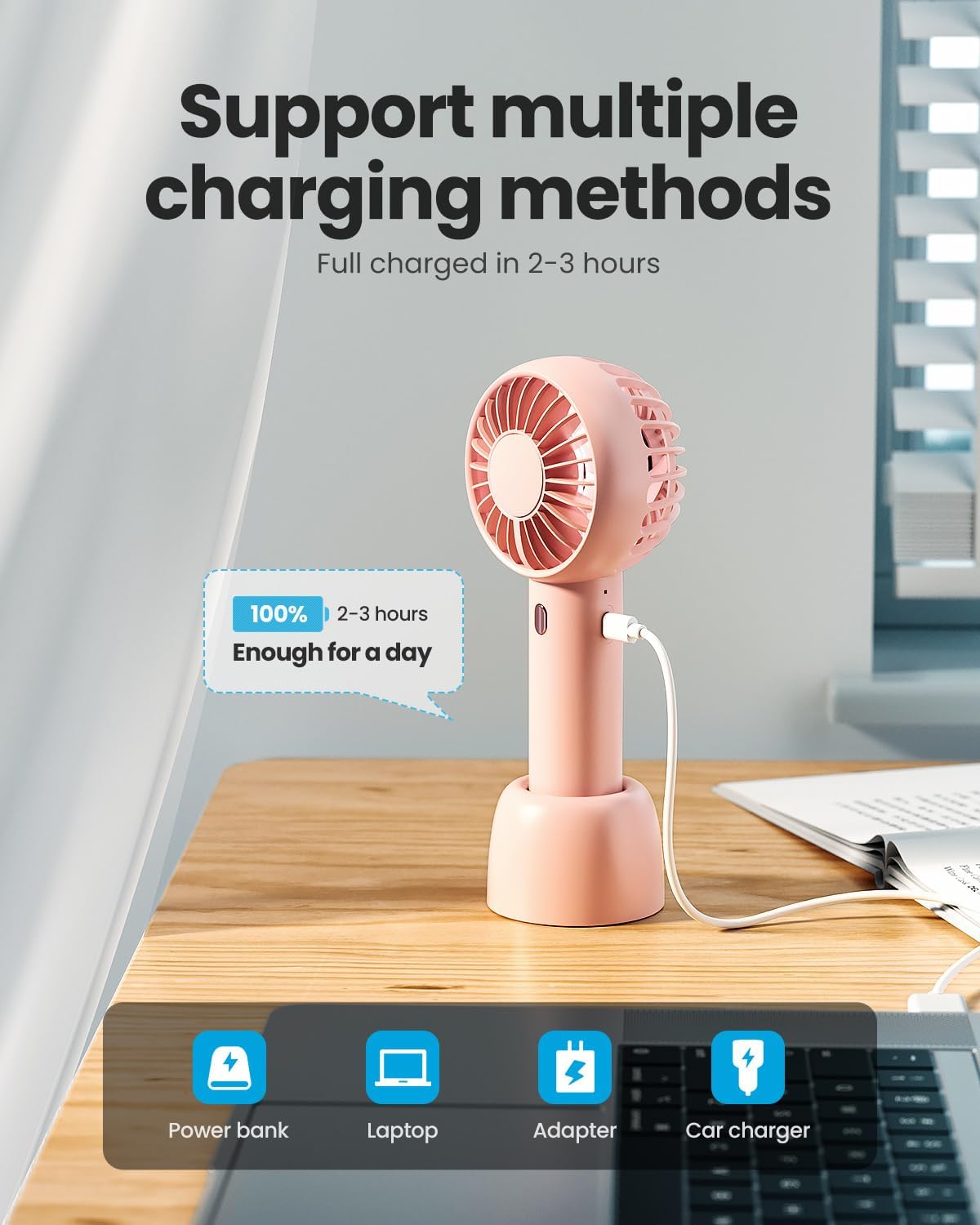Gaiatop Mini Portable Fan, Powerful Hand Fan Cute Design 3 Speed Personal Small Desk Fan With Base, Lightweight Rechargeable Usb Handheld Fan For Girl, Women, Men, Indoor, Outdoor, 15 Cm, Pink