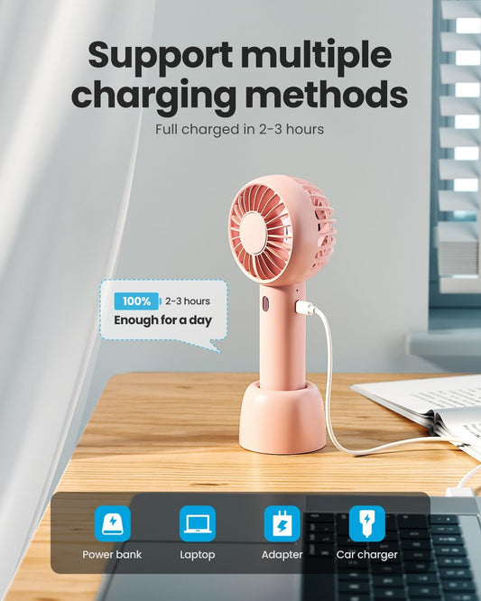 Gaiatop Mini Portable Fan, Powerful Hand Fan Cute Design 3 Speed Personal Small Desk Fan With Base, Lightweight Rechargeable Usb Handheld Fan For Girl, Women, Men, Indoor, Outdoor, 15 Cm, Pink