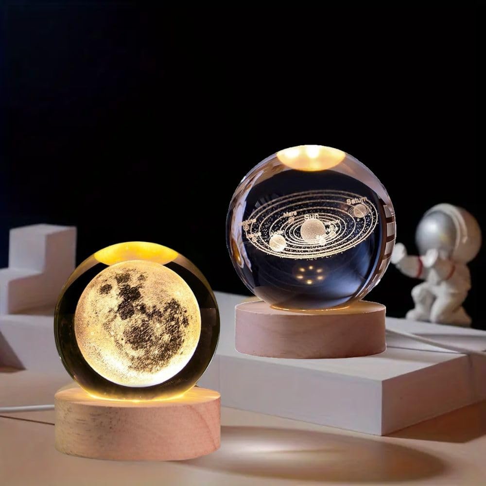 Desidiya Universe Crystal Ball Night Light,2.4 Inch Glass Ball Night LED Lamp with Woodern Base,Decorations Gifts for Men,Women,Kids,Boys,Girls,Teens