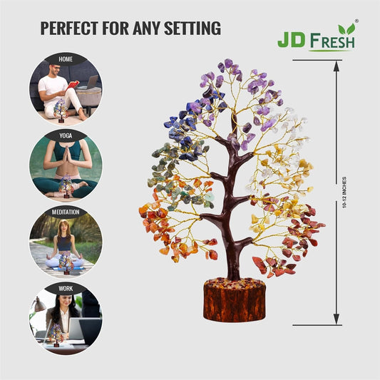 JD FRESH 300 Beads, 7 Chakra Crystal Tree, Showpiece Good Luck and Positive Energy, Showpiece for Living Room, Natural Healing Gemstones Money/Lucky Tree for Good Luck, Multicolor