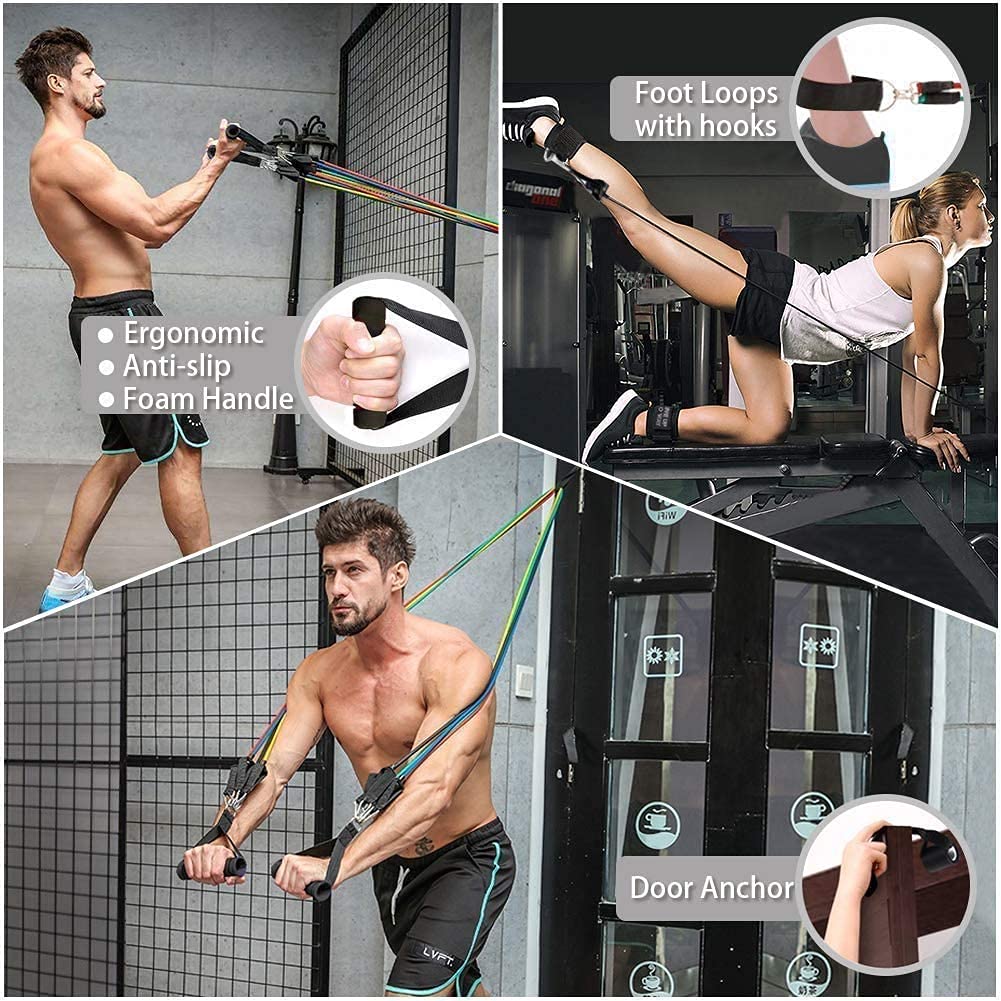 Fashnex Resistance Bands Set for Exercise, Stretching and Workout Toning Tube Kit with Foam Handles, Door Anchor, Ankle Strap and Carry Bag for Men, Women (100LB)