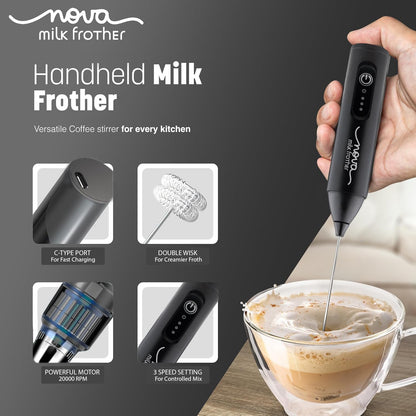 Coffee Frother Electric Rechargeable Coffee Maker Machine for Home Electric Coffee Frother Machine & Milk Whisker with Dual Spring Tech GetSetNova | 1 Year Warranty