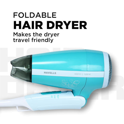 Havells HD3151 1200 W Foldable Hair Dryer; 3 Heat (Hot/Cool/Warm) Settings Including Cool Shot Button; Heat Balance Technology, Turquoise
