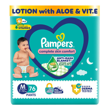 Pampers Complete Skin Comfort Pants, (XL) 56 Count, Anti-rash blanket, Lotion with Vitamin E & Aloe Vera, Extra Large size baby diapers, 12-17kg