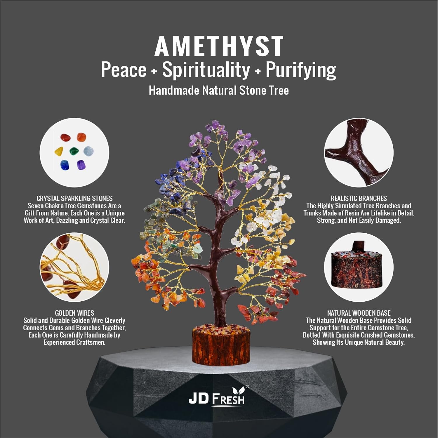 JD FRESH 300 Beads, 7 Chakra Crystal Tree, Showpiece Good Luck and Positive Energy, Showpiece for Living Room, Natural Healing Gemstones Money/Lucky Tree for Good Luck, Multicolor