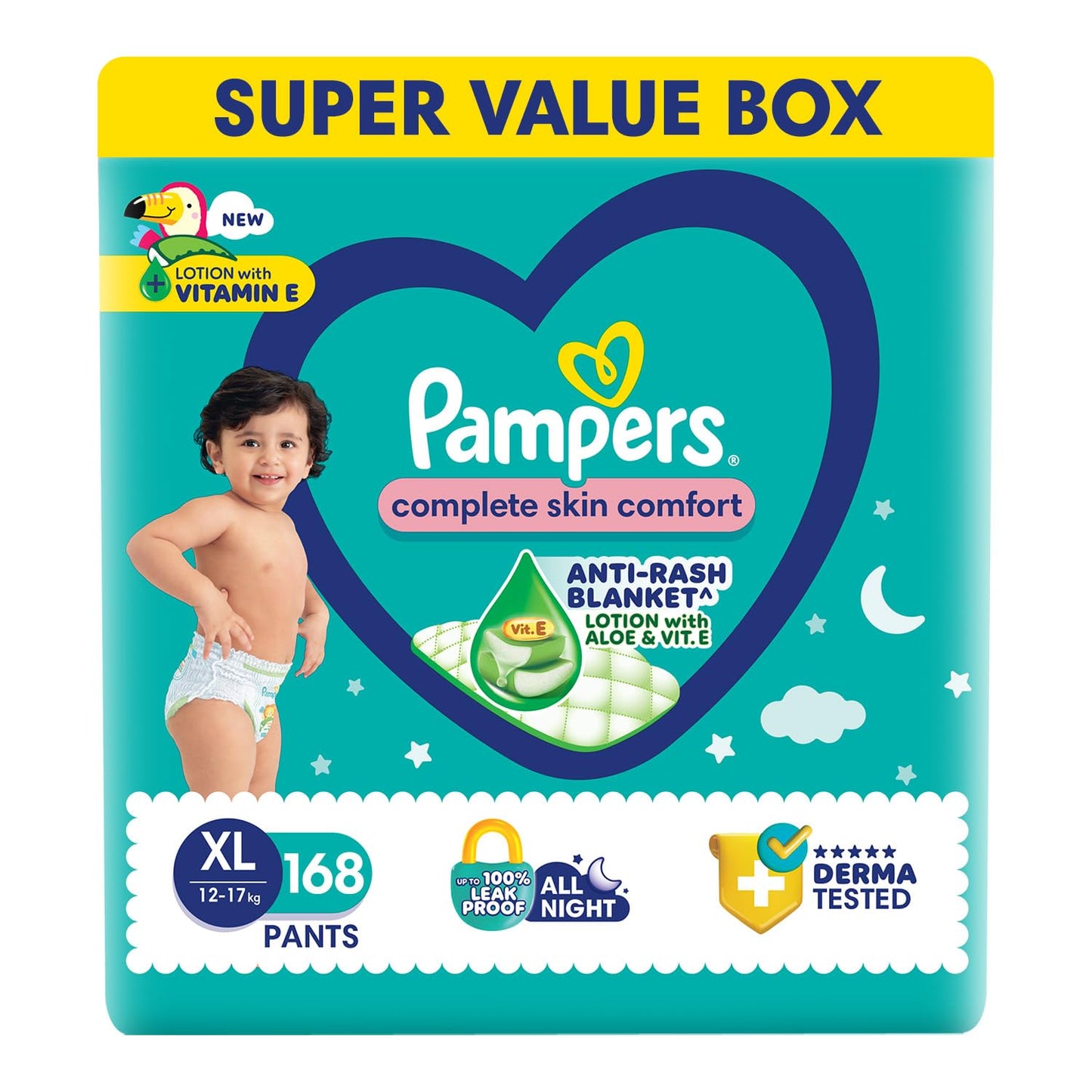 Pampers Complete Skin Comfort Pants, (XL) 56 Count, Anti-rash blanket, Lotion with Vitamin E & Aloe Vera, Extra Large size baby diapers, 12-17kg
