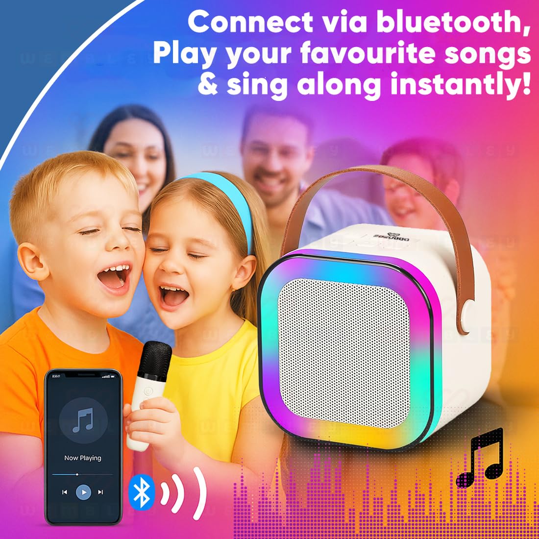 Wembley Rechargeable Karaoke Mic with Speaker for Singing | Wireless Mini Portable Bluetooth Speaker with Microphone & LED Lights | Cute Birthday Gift for Kids Musical Toys for Boys, Girls and Adults