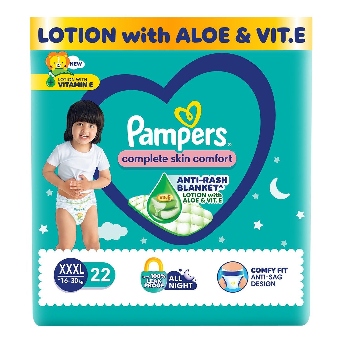 Pampers Complete Skin Comfort Pants, (XL) 56 Count, Anti-rash blanket, Lotion with Vitamin E & Aloe Vera, Extra Large size baby diapers, 12-17kg