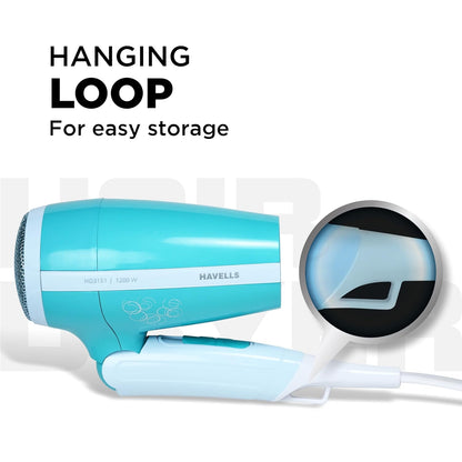 Havells HD3151 1200 W Foldable Hair Dryer; 3 Heat (Hot/Cool/Warm) Settings Including Cool Shot Button; Heat Balance Technology, Turquoise