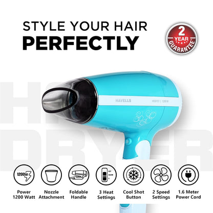 Havells HD3151 1200 W Foldable Hair Dryer; 3 Heat (Hot/Cool/Warm) Settings Including Cool Shot Button; Heat Balance Technology, Turquoise