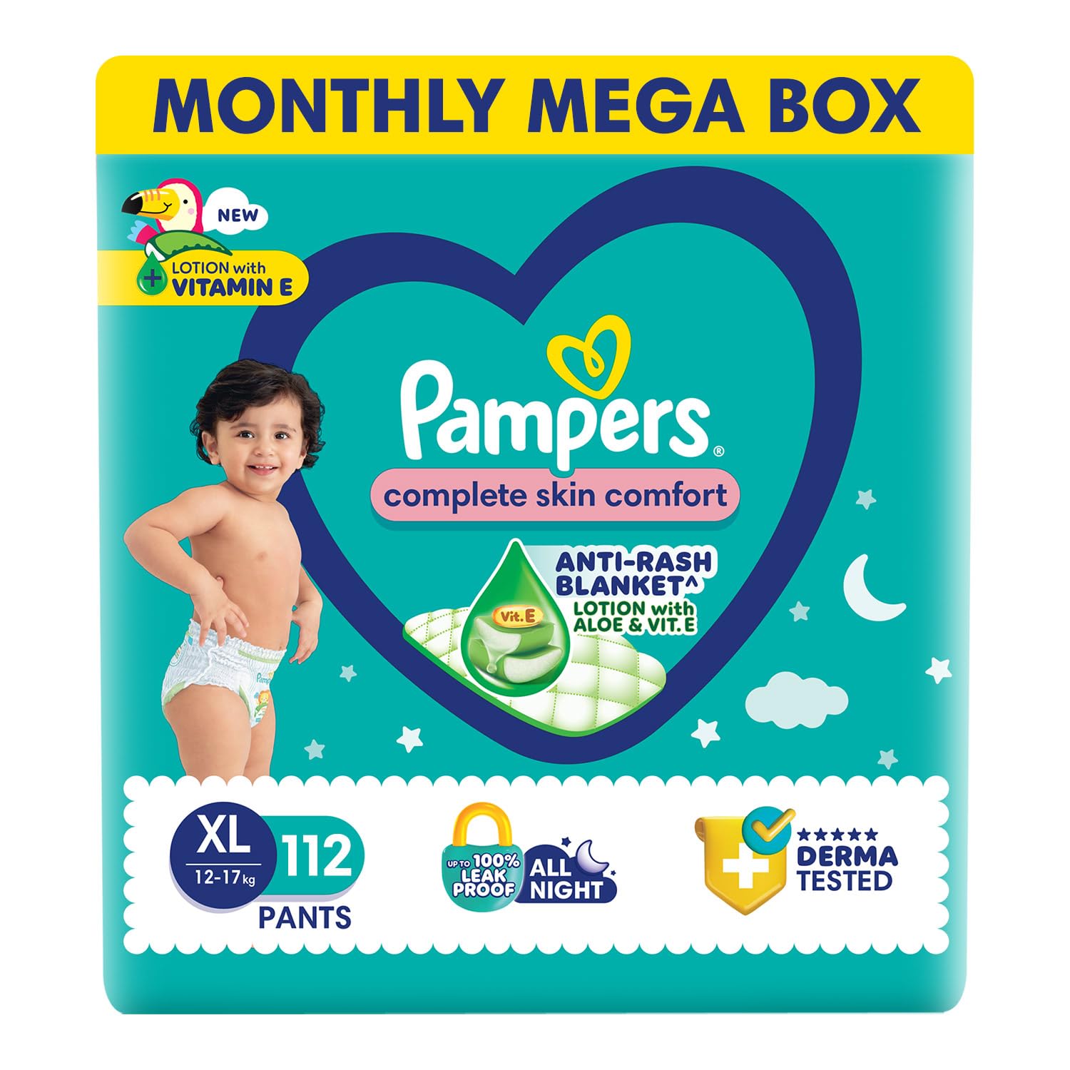 Pampers Complete Skin Comfort Pants, (XL) 56 Count, Anti-rash blanket, Lotion with Vitamin E & Aloe Vera, Extra Large size baby diapers, 12-17kg