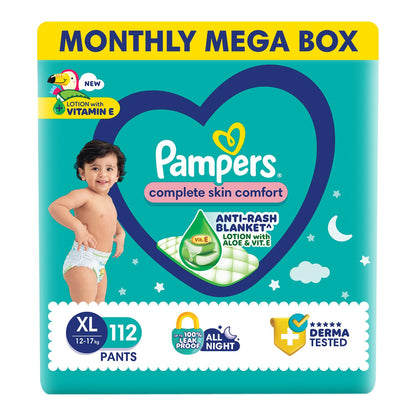 Pampers Complete Skin Comfort Pants, (XL) 56 Count, Anti-rash blanket, Lotion with Vitamin E & Aloe Vera, Extra Large size baby diapers, 12-17kg