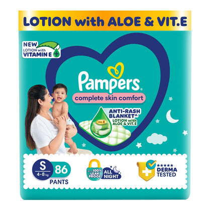 Pampers Complete Skin Comfort Pants, (XL) 56 Count, Anti-rash blanket, Lotion with Vitamin E & Aloe Vera, Extra Large size baby diapers, 12-17kg