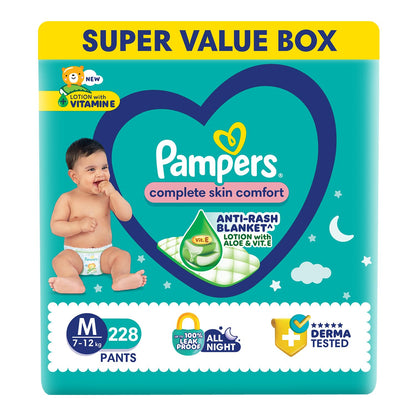 Pampers Complete Skin Comfort Pants, (XL) 56 Count, Anti-rash blanket, Lotion with Vitamin E & Aloe Vera, Extra Large size baby diapers, 12-17kg
