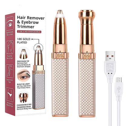VIFERA 2-in-1 Eyebrow Trimmer for Women - Facial Hair Removal Machine For Women - Face,Upper Lips,Cheek, Chin and Nose Hair Trimmer, USB RECHARGEABLE Epilator With Light(2IN1 White)
