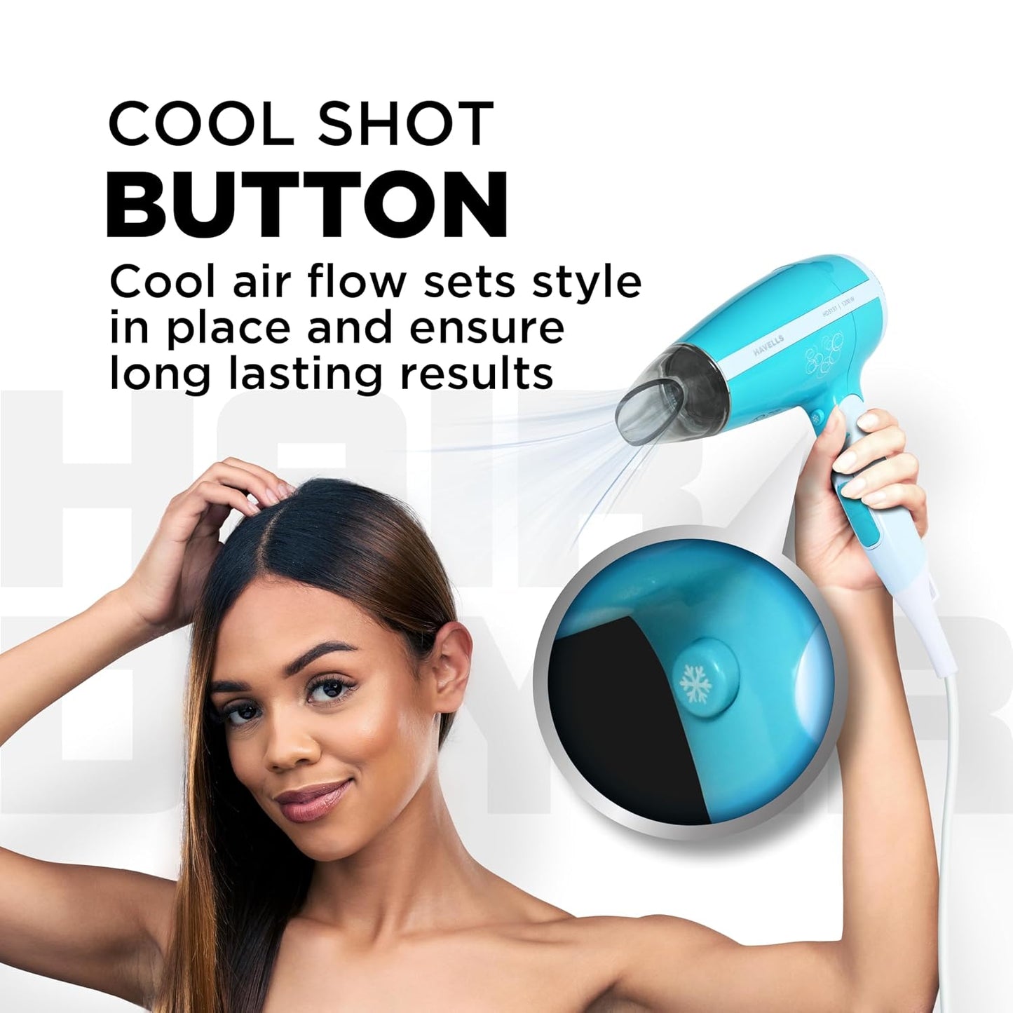 Havells HD3151 1200 W Foldable Hair Dryer; 3 Heat (Hot/Cool/Warm) Settings Including Cool Shot Button; Heat Balance Technology, Turquoise