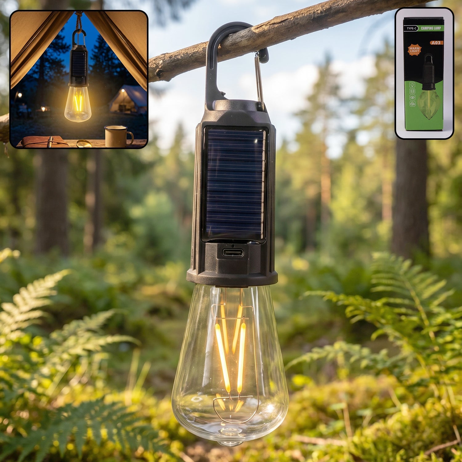 Solar Rechargeable Camping Lamp Led Bulb Warm Light With Hook Portable (1 Pc)