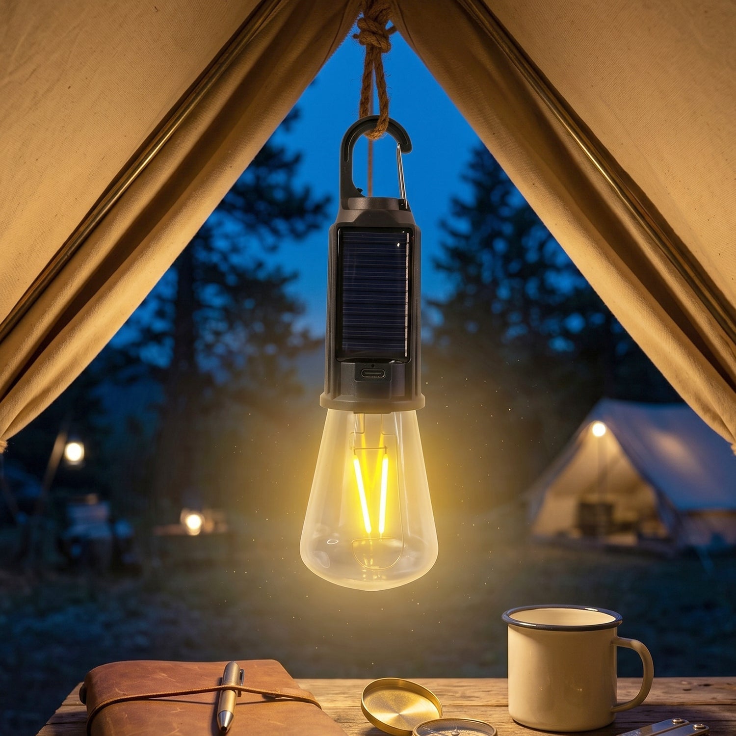 Solar Rechargeable Camping Lamp Led Bulb Warm Light With Hook Portable (1 Pc)
